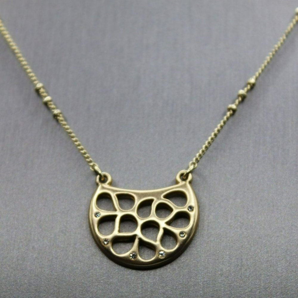 Cut Out Moon Crater Charm Crystals Gold Tone Necklace 16'